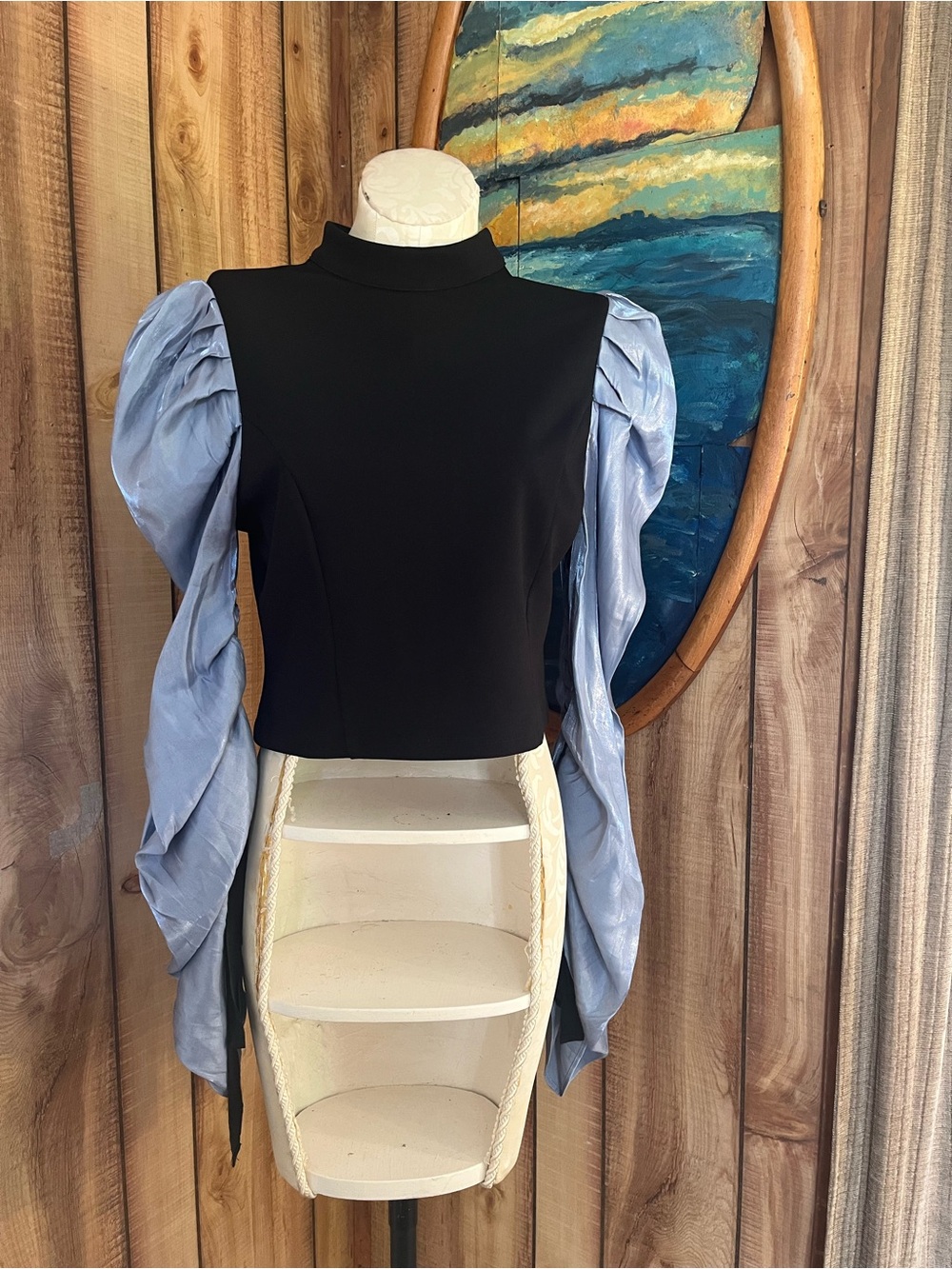 💋 Ina Black Cropped Top with Light Blue Statement Puff Sleeves